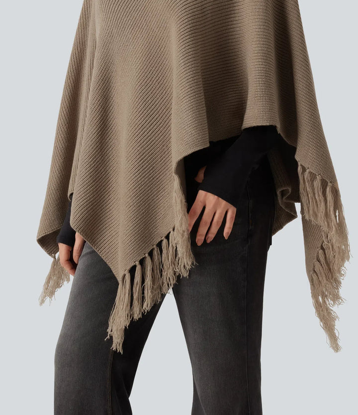 Boat Neck Fringe Poncho Cape Casual Sweater