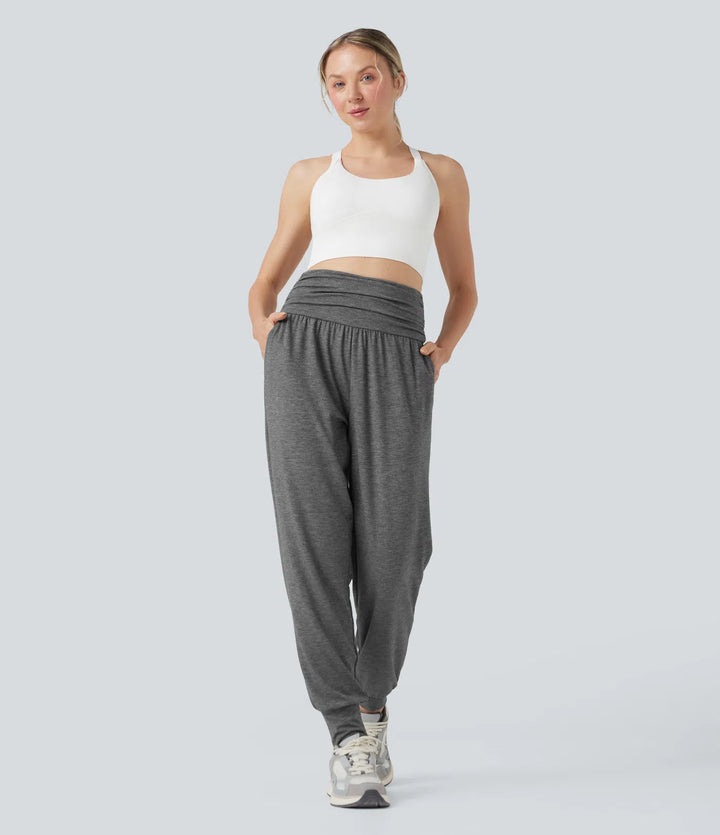 High Waisted Ruched Heathered Yoga Joggers with Pockets
