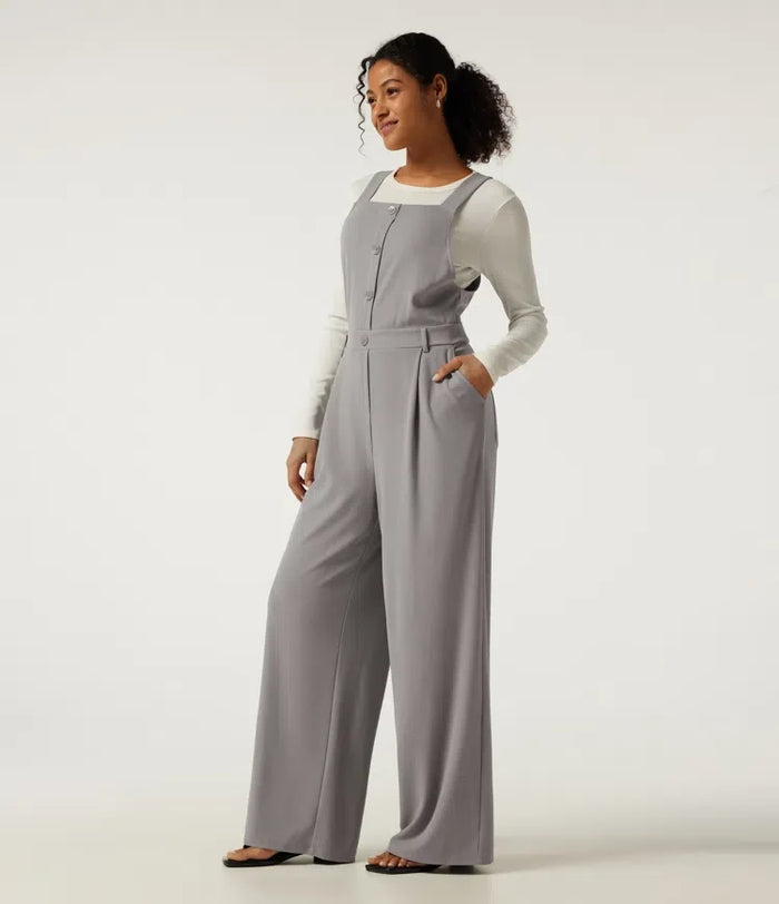 Square Neck Wide Leg Waffle Casual Overalls with Pockets