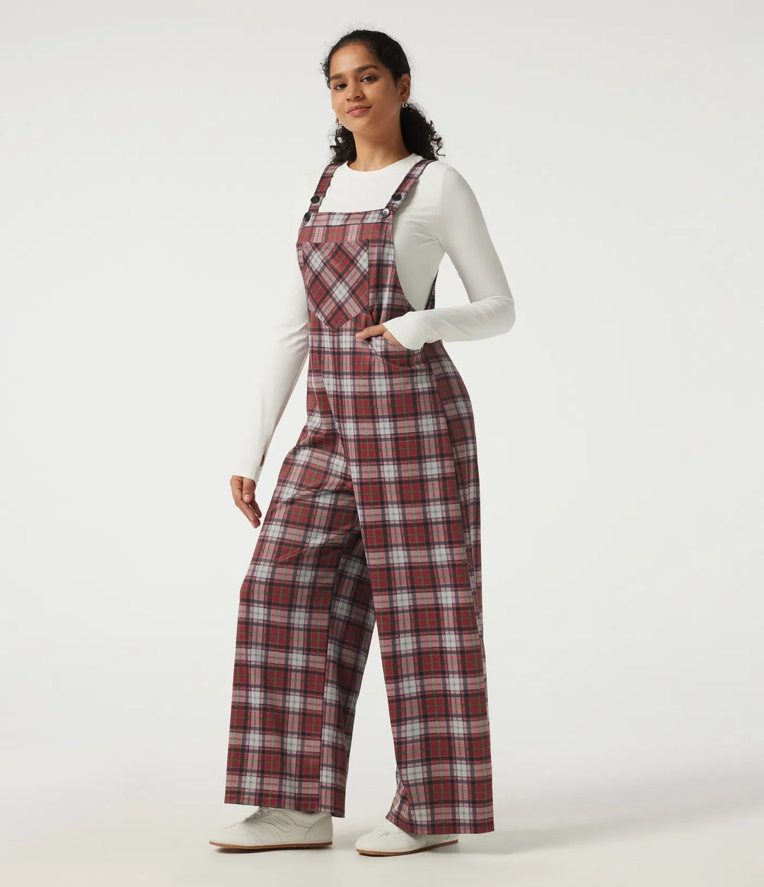 Square Neck Plaid Wide Leg Overalls with Pockets