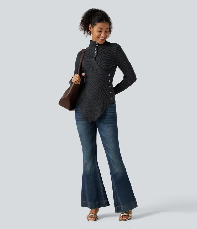 Ribbed Knit High Neck Long Sleeve Thumb Hole Crossover Hem Slim Work Sweater