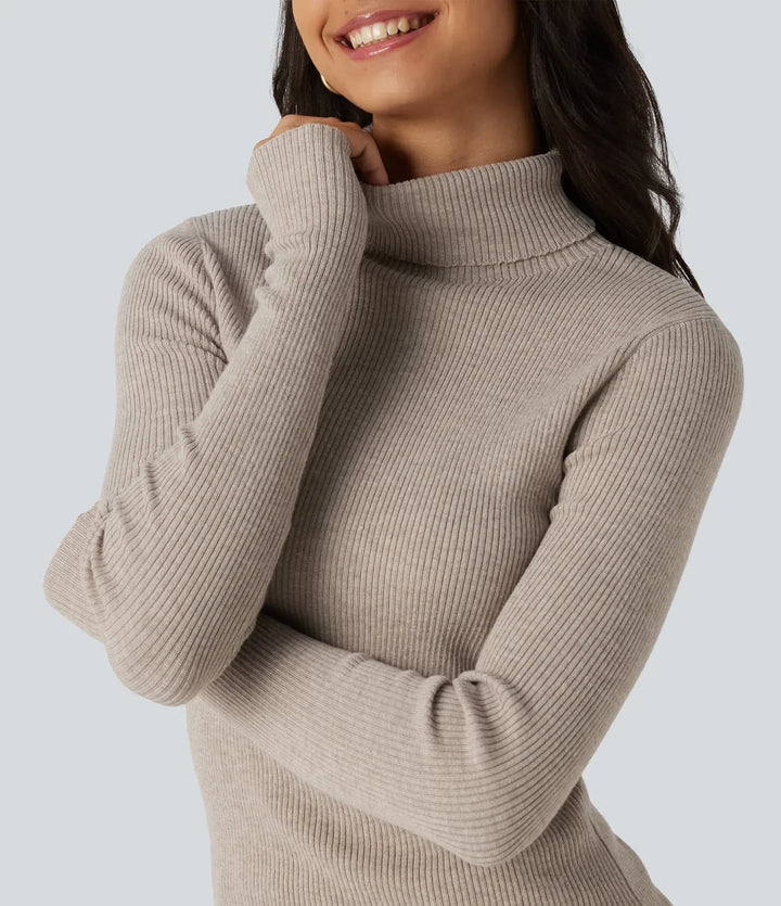 High Neck Long Sleeve Thumb Hole Work Sweater