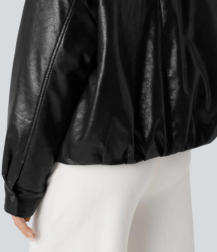 Faux Fur Collar Zip Fly Casual Faux Leather Jacket with Pockets