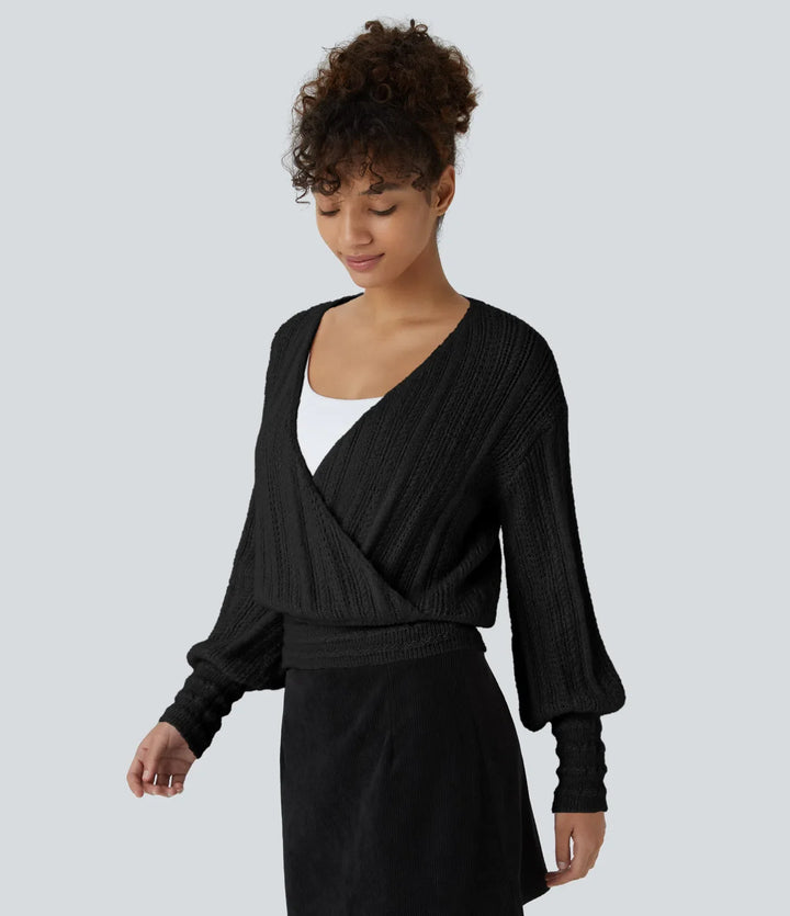 Sheer V Neck Long Sleeve Work Sweater-Front and Back Wearable