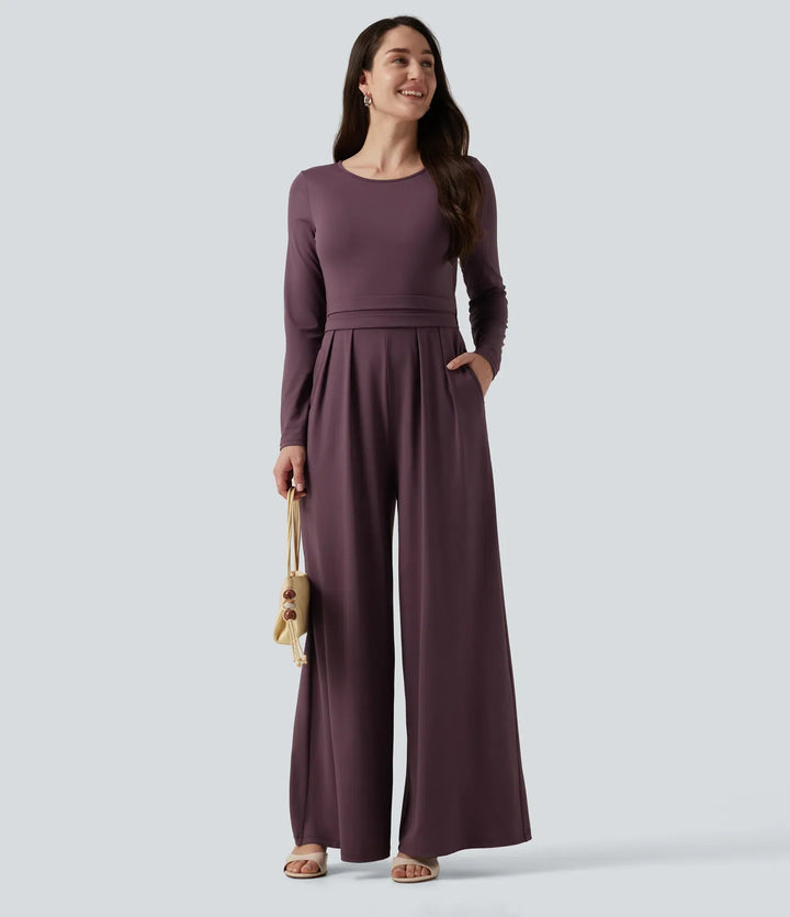 Round Neck Long Sleeve Wide Leg Casual Jumpsuit with Pockets-Easy Peezy Edition