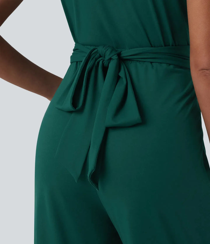 V-neck Short Sleeve Crossover Tie Pleated Work Jumpsuit with Pockets-Easy Peezy