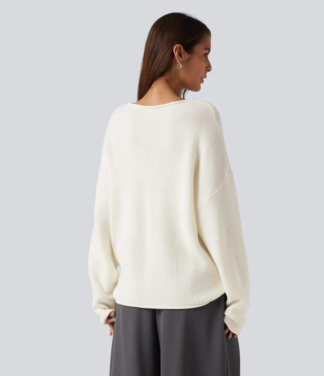 Round Neck Long Sleeve Rolled Hem Work Sweater