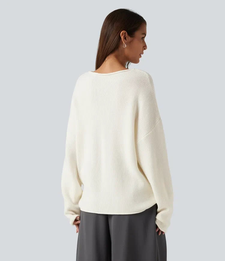 Round Neck Long Sleeve Rolled Hem Work Sweater