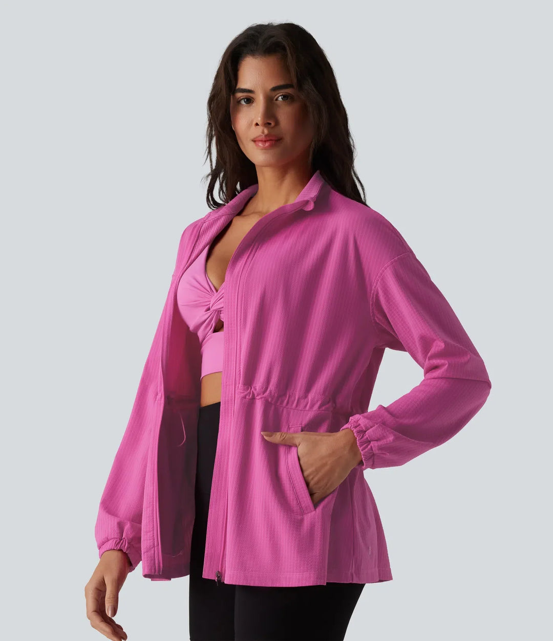 Long Sleeve Inner Drawstring Stripes Quick Dry Workout Jacket-UPF40+