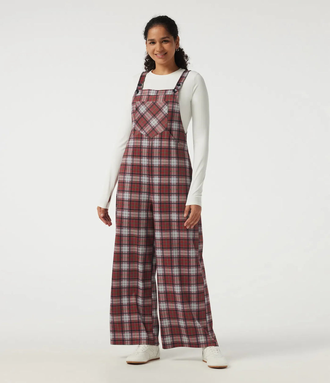 Square Neck Plaid Wide Leg Overalls with Pockets
