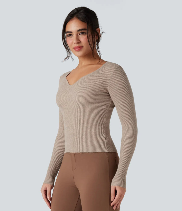 Ribbed Knit Sweetheart Neck Long Sleeve Work Sweater