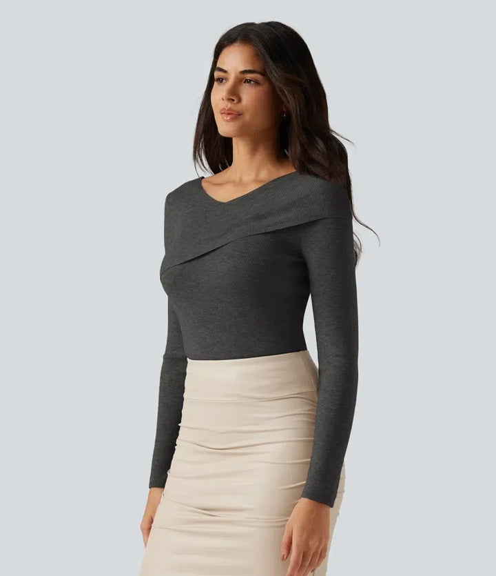 V Neck Long Sleeve Crossover Thumb Hole Casual Sweater