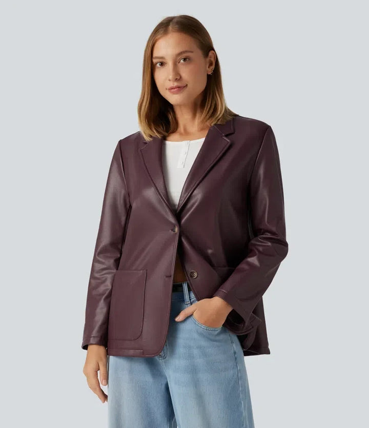 Notched Collar Long Sleeve PU Casual Blazer with Pockets