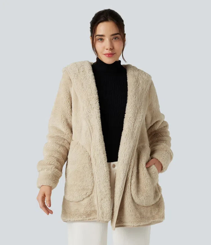 Hooded Long Sleeve Casual Teddy Coat with Pockets