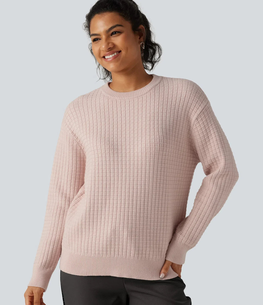 Round Neck Long Sleeve Waffle Casual Sweater