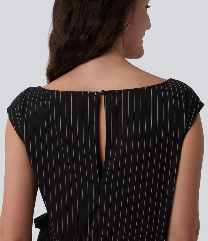 Boat Neck Sleeveless Tie Side Cool Touch Stripe Work Jumpsuit with Pockets-Easy Peezy Edition