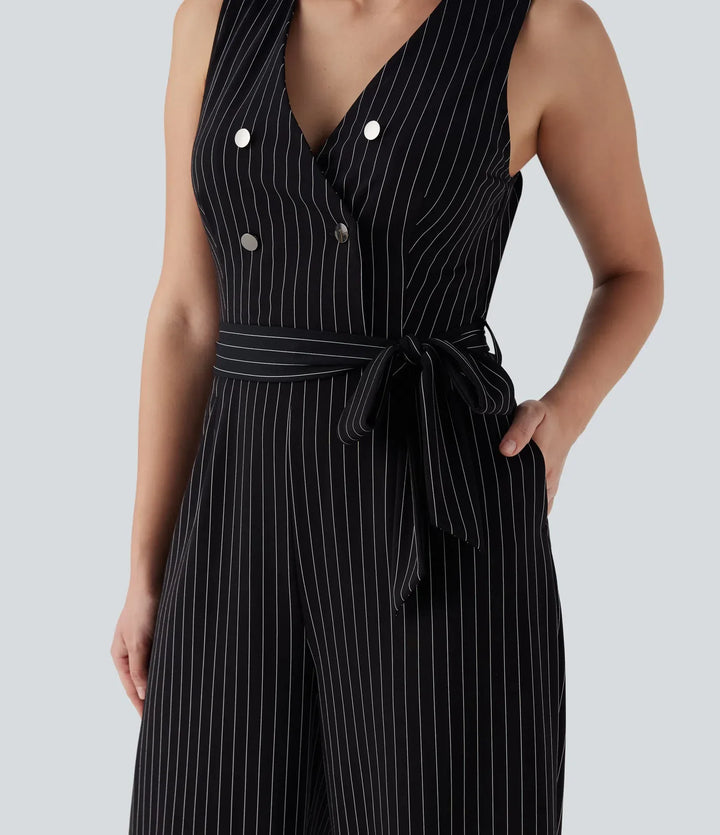 V Neck Sleeveless Belted Stripe InstantCool Work Jumpsuit with Pockets-Easy Peezy