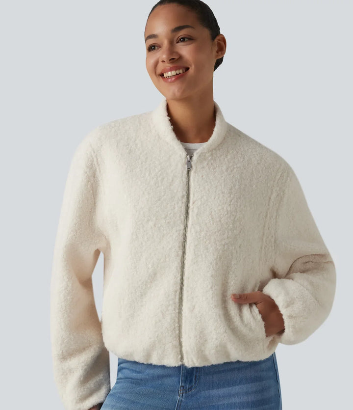 Zip Fly Casual Sherpa Jacket with Pockets