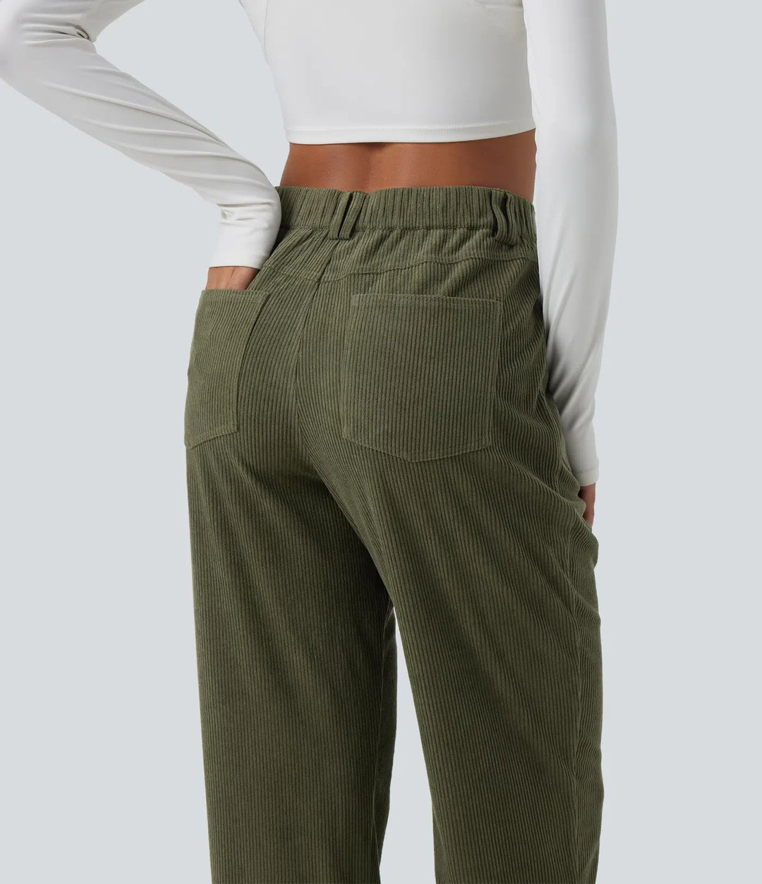 Mid Rise Tapered Corduroy Casual Pants with Pockets