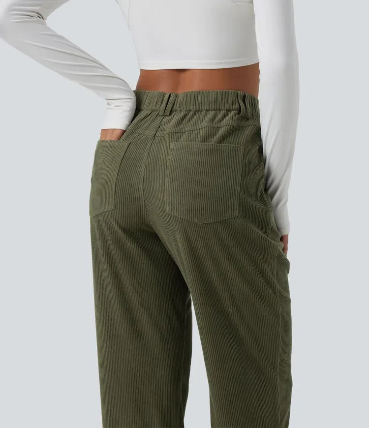 Mid Rise Tapered Corduroy Casual Pants with Pockets