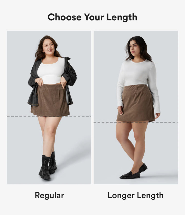 Plus Size High Waisted 2-in-1 A Line Mini Corduroy Casual Skirt-Longer Length