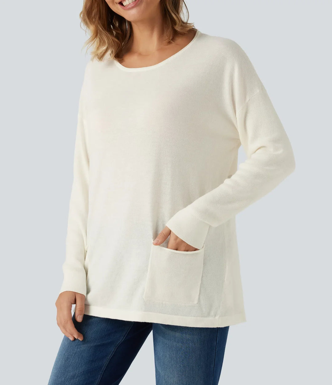Round Neck Long Sleeve Casual Sweater with Pockets