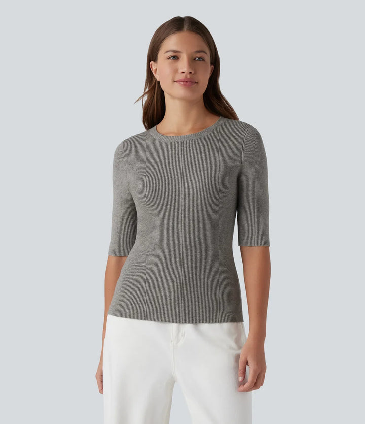Ribbed Knit Round Neck Half Sleeve Work Sweater