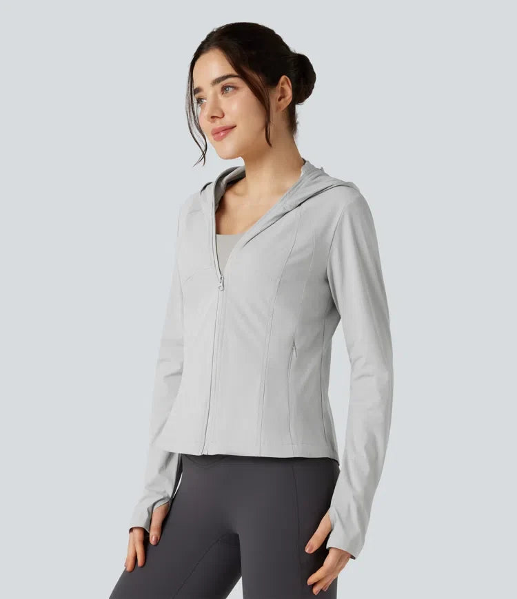 Hooded Long Sleeve Thumb Hole Zipper Hiking Jacket with Pockets-UPF40+