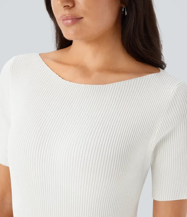 Boat Neck Short Sleeve Slim Work Sweater