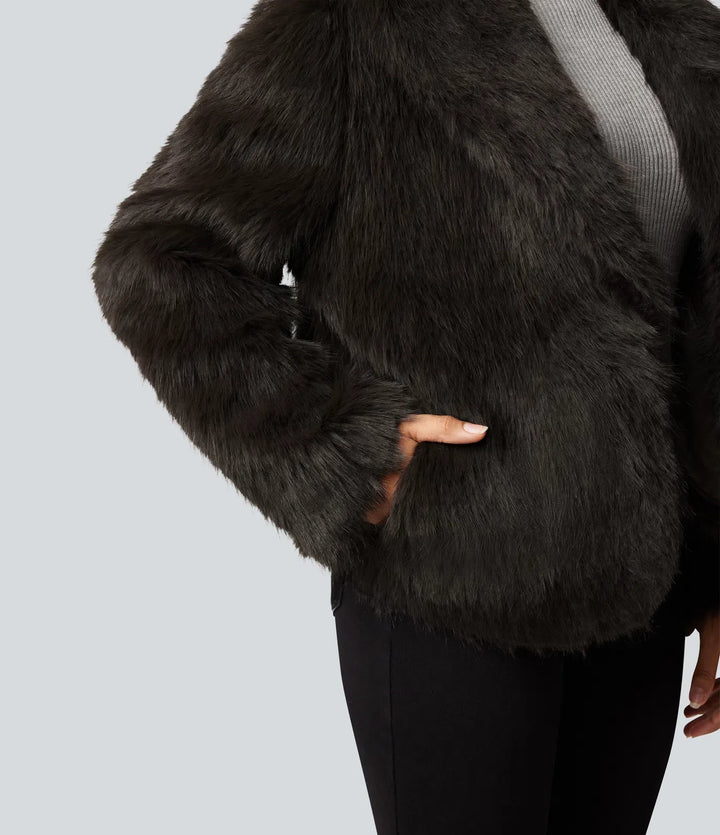 Lapel Long Sleeve Casual Faux Fur Coat with Pockets