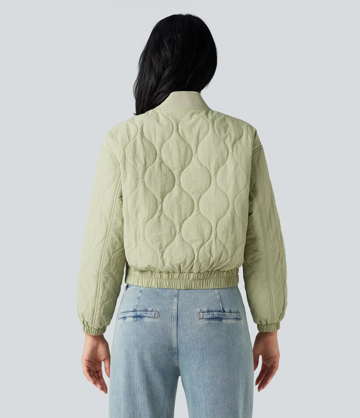 Stand Collar Long Sleeve Casual Bomber Quilted Jacket with Pockets