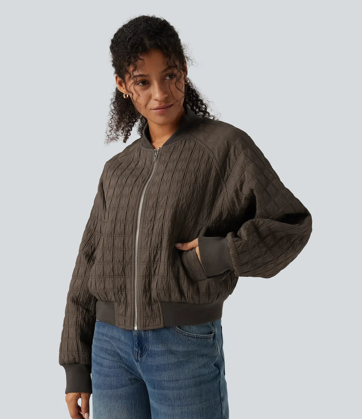Stand Collar Long Sleeve Casual Bomber Jacket with Pockets
