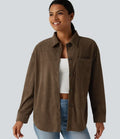 Long Sleeve Curved Hem Corduroy Casual Shirt Jacket with Pocket