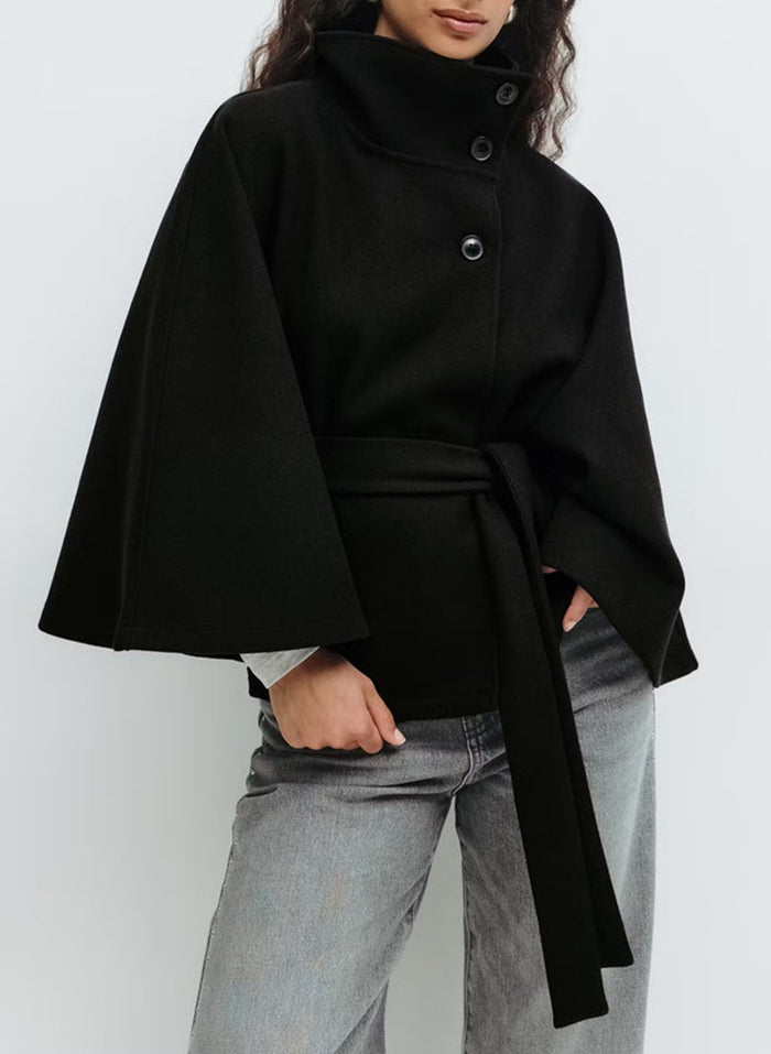 Riley | Cape Coat with High Collar, Batwing Sleeves and Belt