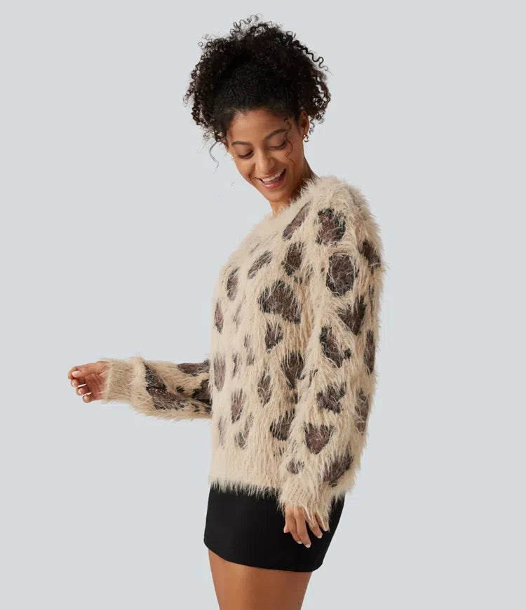 Round Neck Long Sleeve Leopard Print Casual Sweater