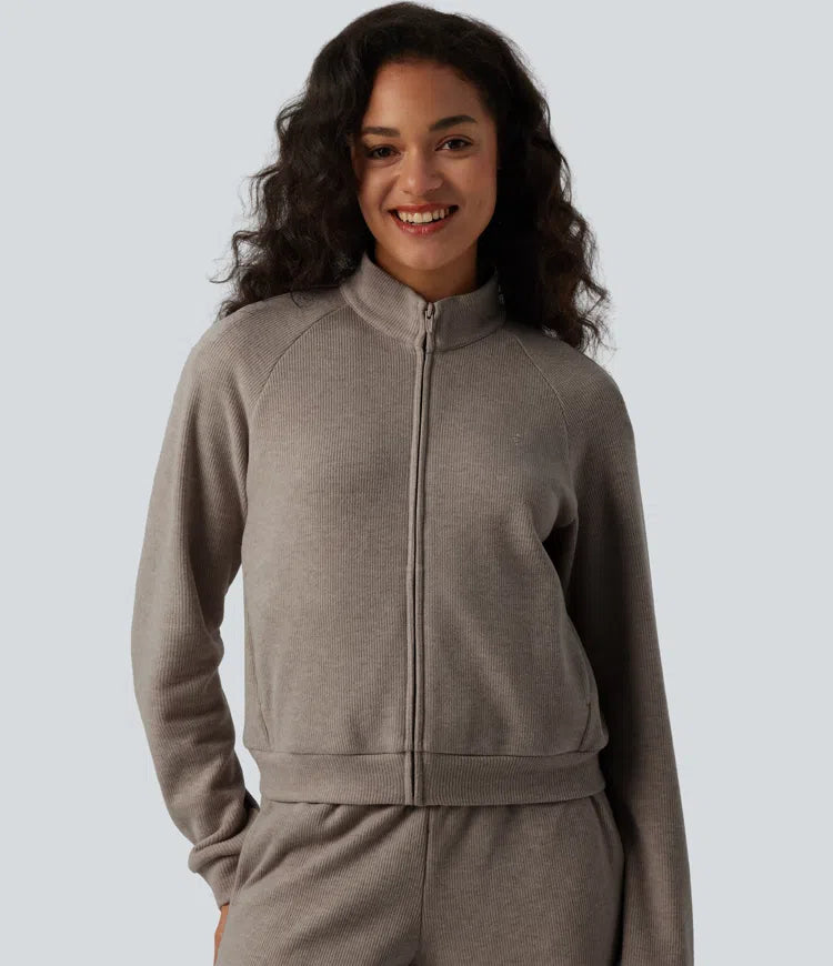 Ribbed Stand Collar Long Sleeve Zipper Casual Jacket with Pockets