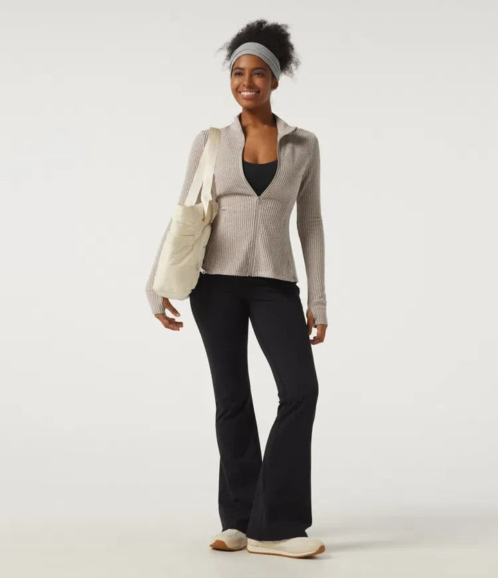 Ribbed Knit Mock Neck Long Sleeve Yoga Track Jacket with Pockets