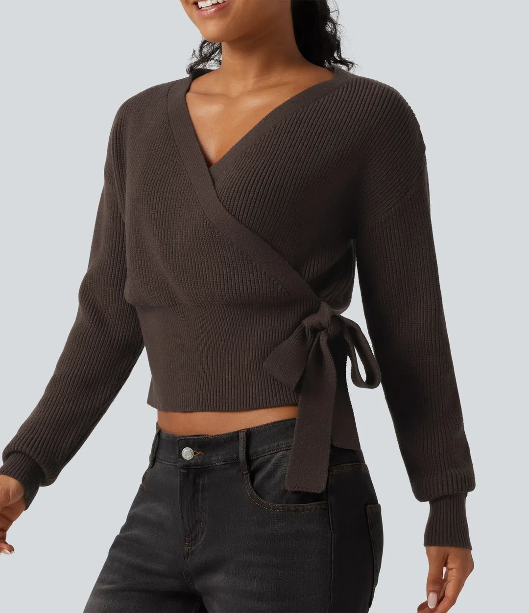 V Neck Long Sleeve Tie Side Work Sweater
