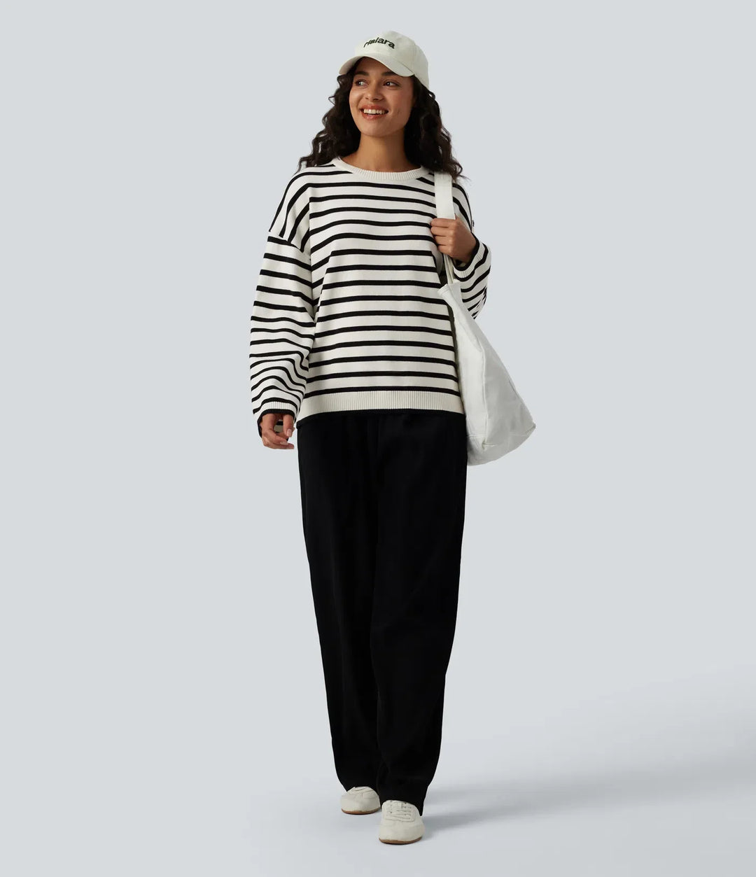 Round Neck Long Sleeve Stripe Decorative Button Casual Sweater