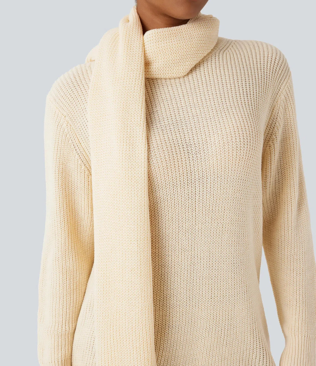 Round Neck Long Sleeve Work Sweater with Scarf