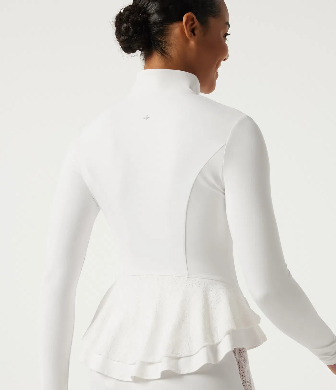 SoftlyZero High Neck Contrast Lace Ruffle Hem Yoga Jacket with Pockets