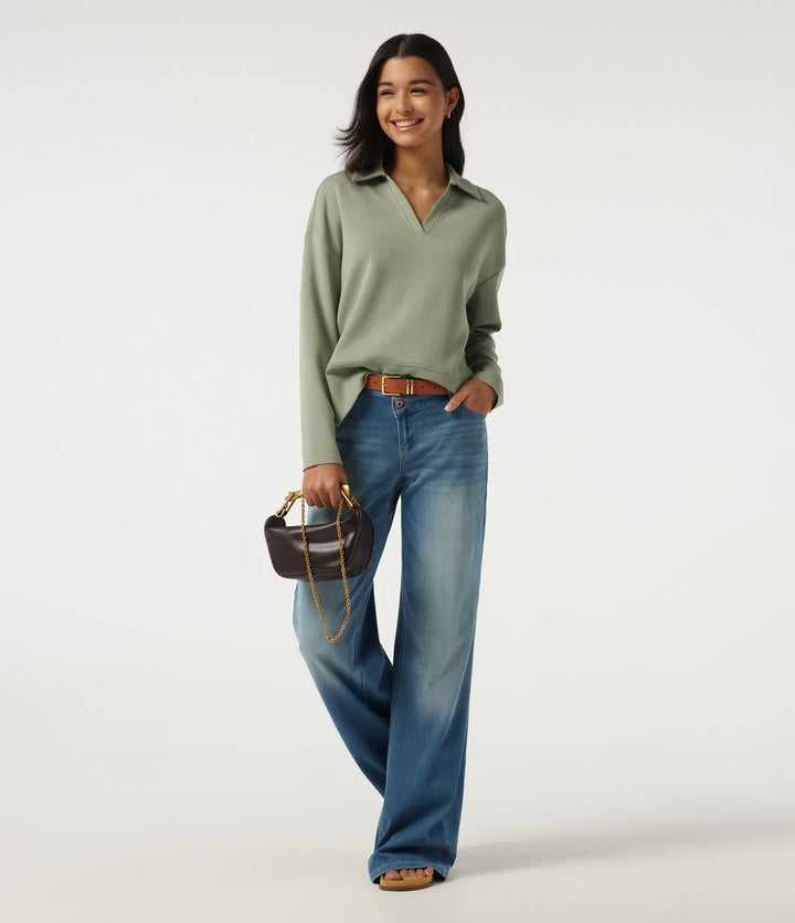 SpacerTek Lapel Long Sleeve Slit Hem Casual Sweatshirt