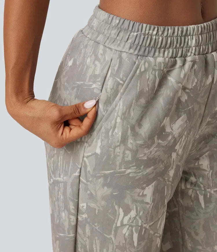 Mid Rise Straight Leg Patterned Inner Drawstring Fleece Casual Sweatpants with Pockets