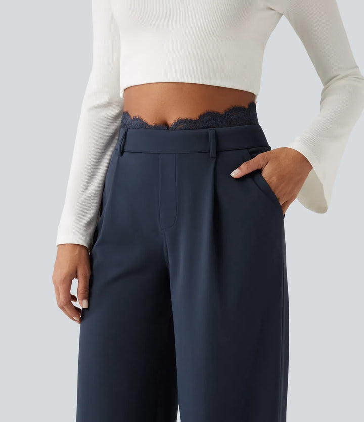 Halara Flex High Waisted Contrast Lace Straight Leg Work Pants with Pockets