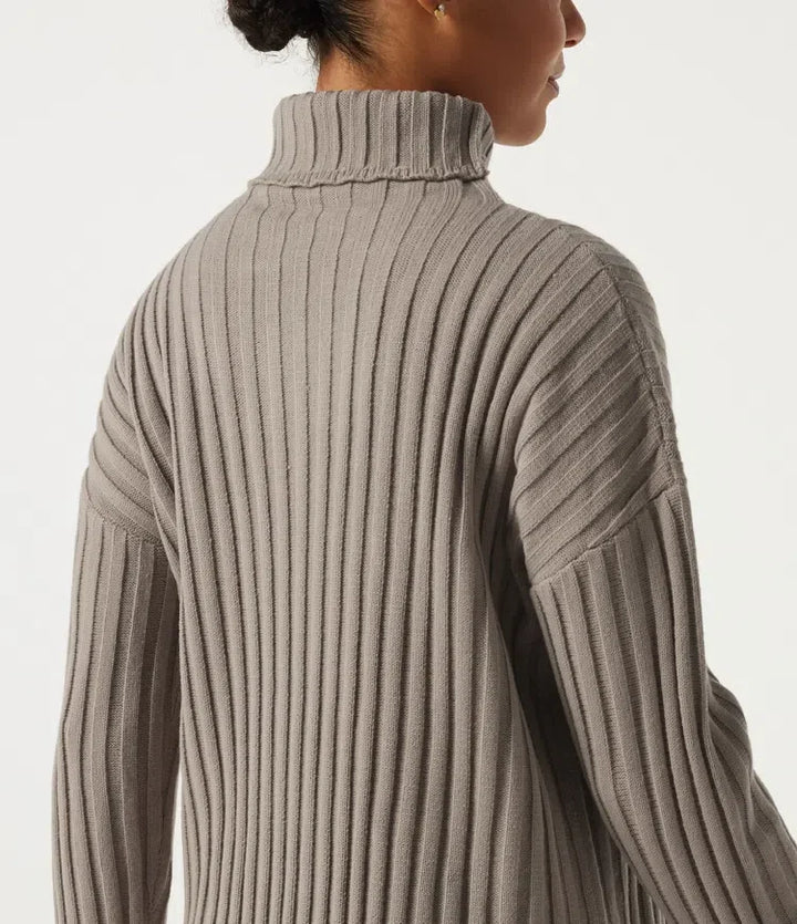 Ribbed Knit High Neck Dropped Long Sleeve Work Sweater