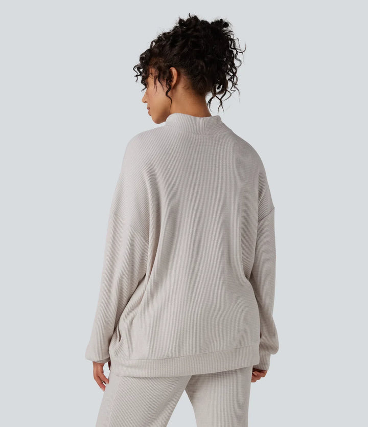 Mock Neck Long Sleeve Relaxed Waffle Casual Sweatshirt with Pockets