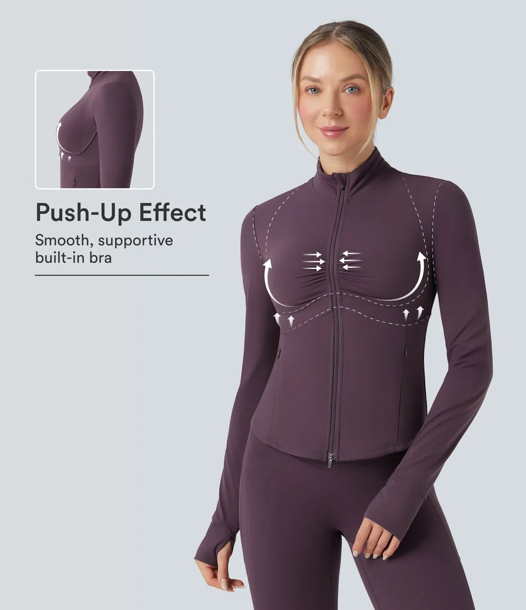 Halara UltraSculpt Mock Neck Ruched Push-Up Long Sleeve Thumb Hole Yoga Jacket with Pockets