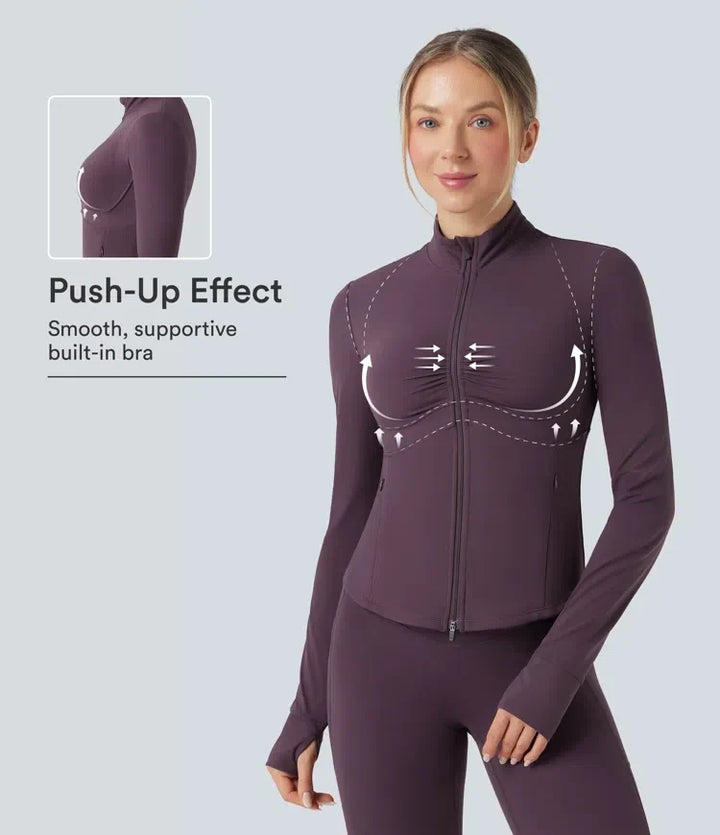 Halara UltraSculpt Mock Neck Ruched Push-Up Long Sleeve Thumb Hole Yoga Jacket with Pockets