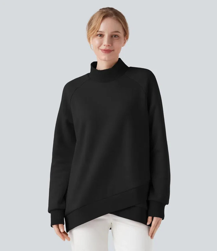Mock-neck Raglan Long Sleeve Crossover Hem Fleece Casual Sweatshirt