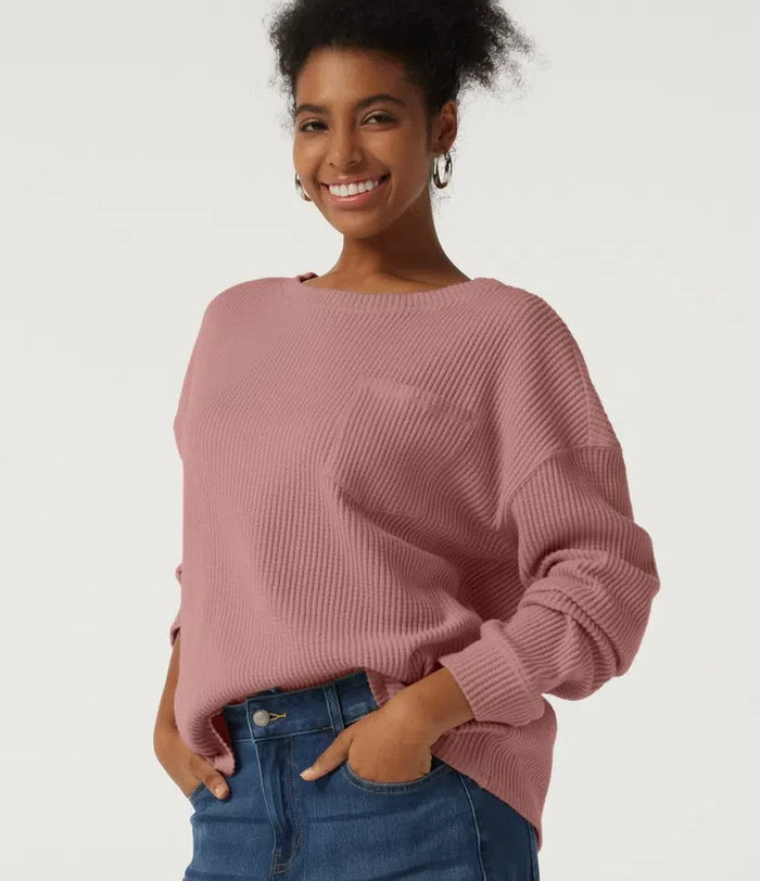 Round Neck Long Sleeve Dropped Waffle Casual Sweatshirt with Pocket